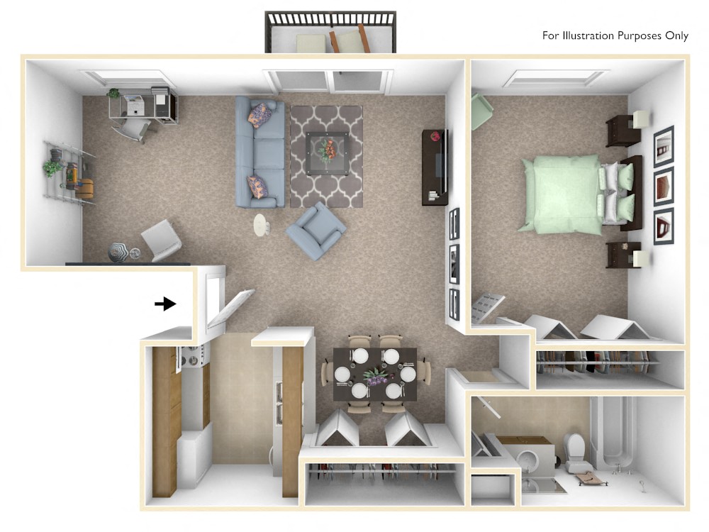 Floor plan for 1 bed, 1 bath, 630 sqft